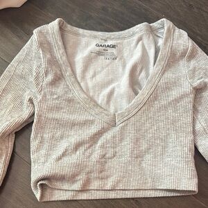 Garage Cream Ribbed Crop Top with long Sleeves